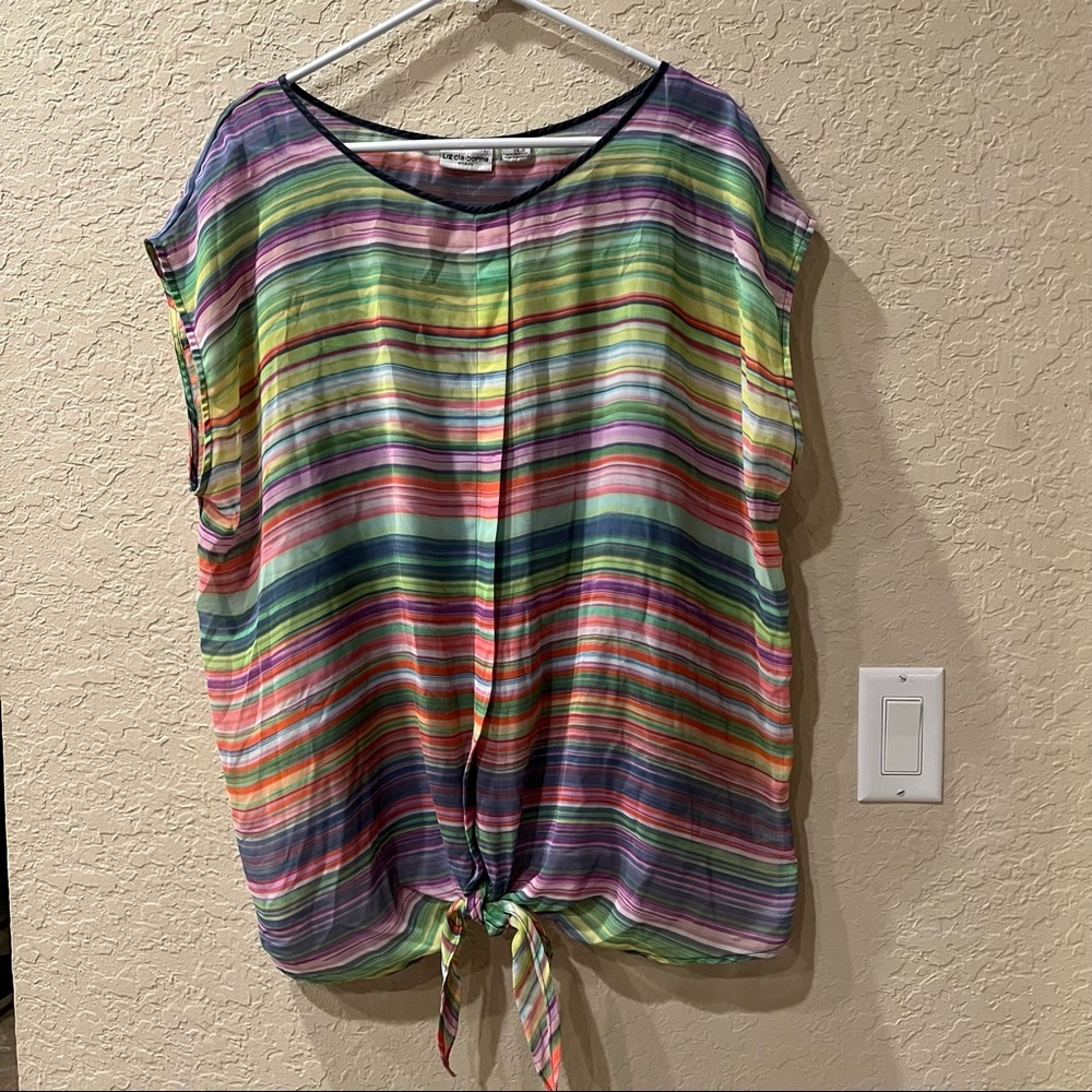 Liz Claiborne Sz 2X Sheer Colorful Striped Blouse w Attached Blue Tank Waist Tie